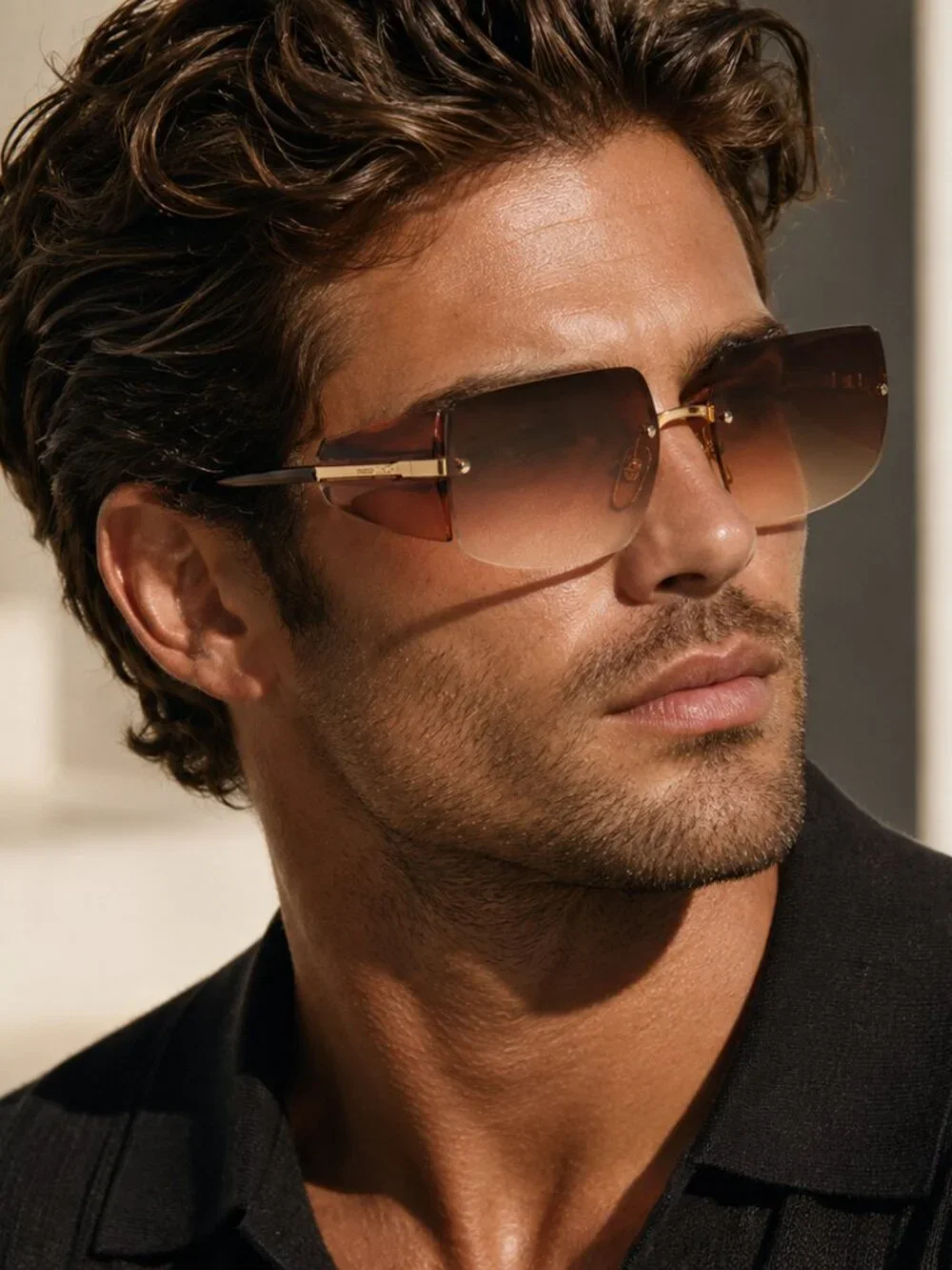 Giorgio Armani 1525 743 Gold Frame Brown Gradient Lens Semi Rimless Sunglasses